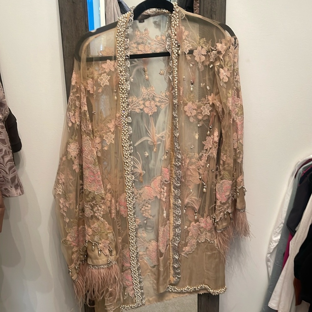 ELAN beautiful beaded and embroidered silk/netted overlay jacket